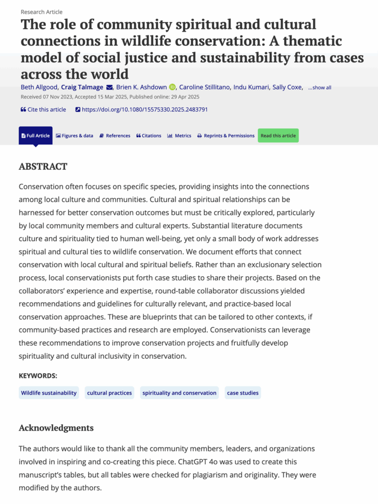 Research article cover: The role of community spiritual and cultural connections in wildlife conservation: A thematic model of social justice and sustainability from cases across the world